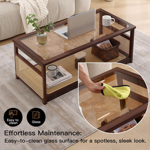 Rattan Glass Coffee Table with Storage Shelf