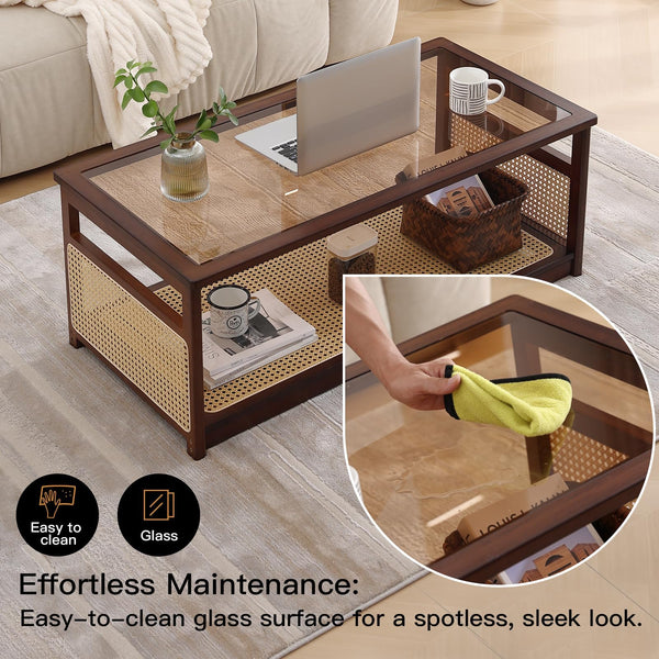 Rattan Glass Coffee Table with Storage Shelf