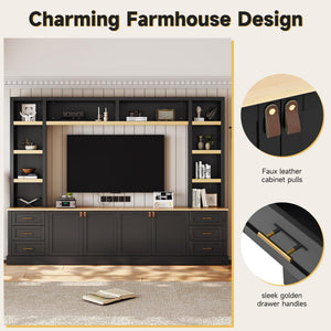 102.3" Farmhouse 4-Piece Entertainment Center with Drawers & Adjustable Shelves
