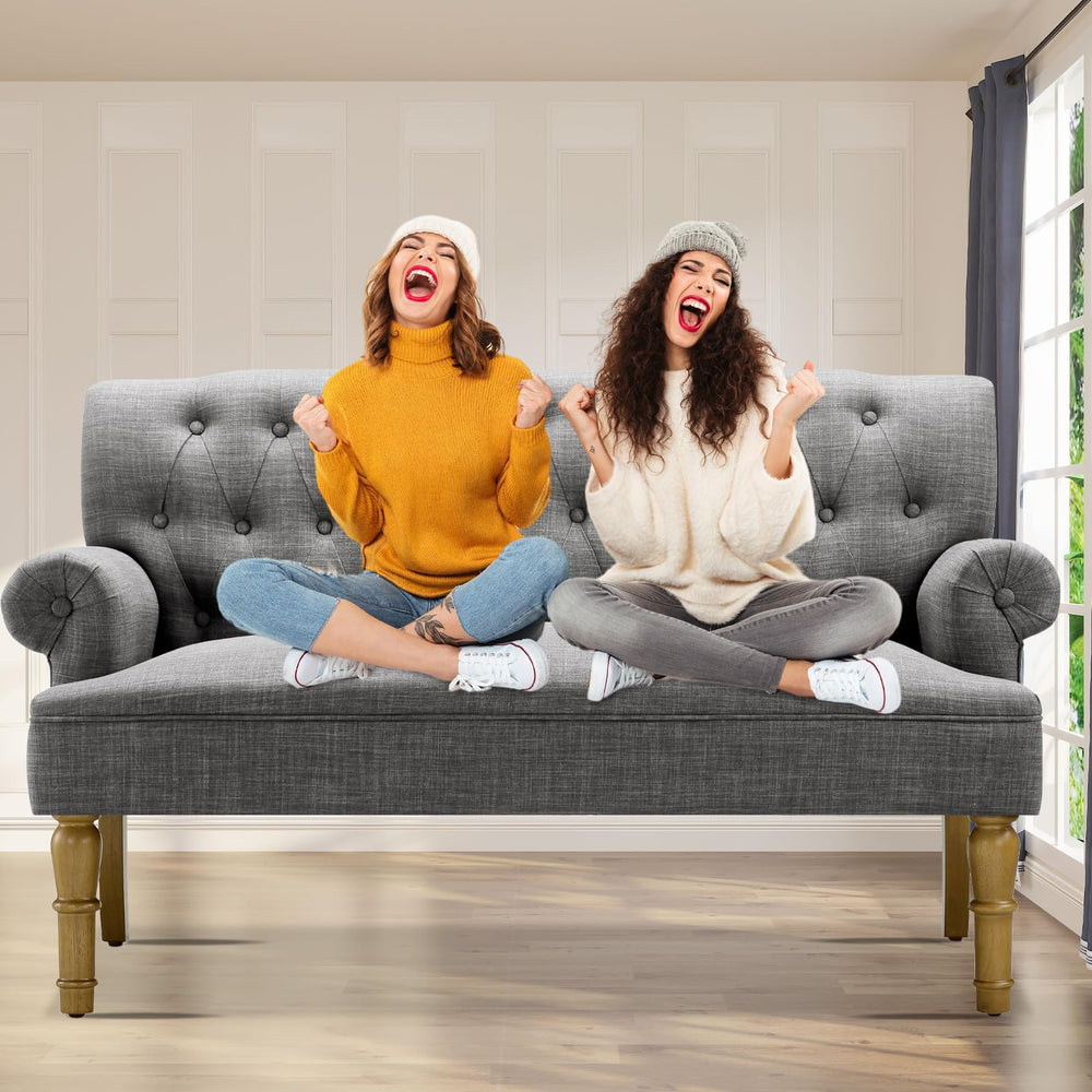 Button-Tufted Linen Loveseat with Wood Frame