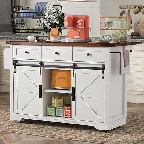 Farmhouse Kitchen Island with Power Outlet & Drop Leaf