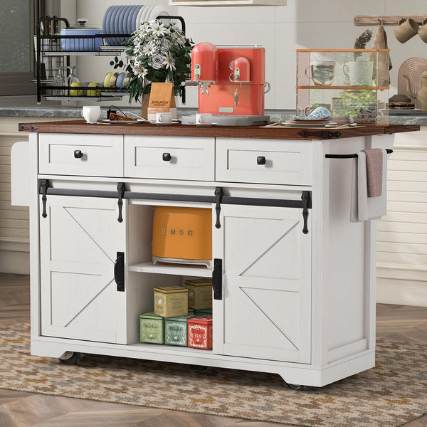 Farmhouse Kitchen Island with Power Outlet & Drop Leaf