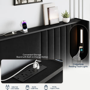 Wingback Velvet Platform Bed with Reading Lights & Charging Station