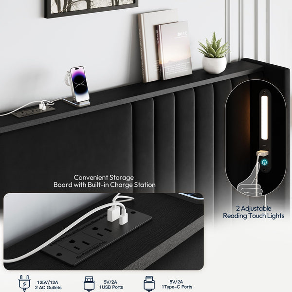Wingback Velvet Platform Bed with Reading Lights & Charging Station