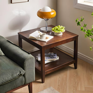 Solid Wood Square Side Table with Storage Shelf