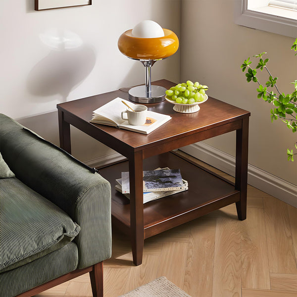 Solid Wood Square Side Table with Storage Shelf