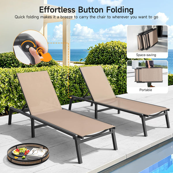 Folding Aluminum Outdoor Chaise Lounge Chair with 5-Position Adjustable Backrest