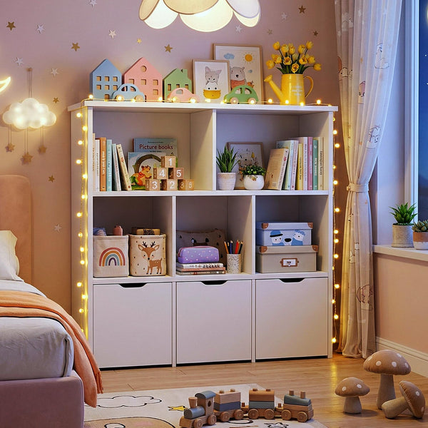 Kids Toy Storage Organizer with 3 Drawers & 5 Open Cubbies — Bookshelf Cabinet for Playroom & Nursery