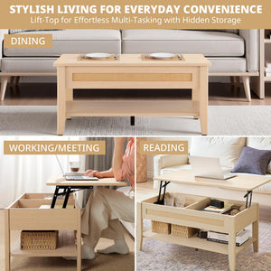 Rattan Lift Top Coffee Table with Hidden Compartment & Storage Shelf