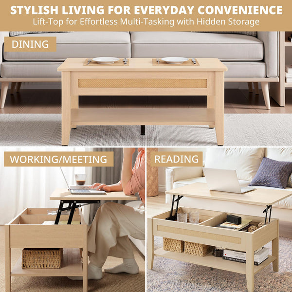 Rattan Lift Top Coffee Table with Hidden Compartment & Storage Shelf