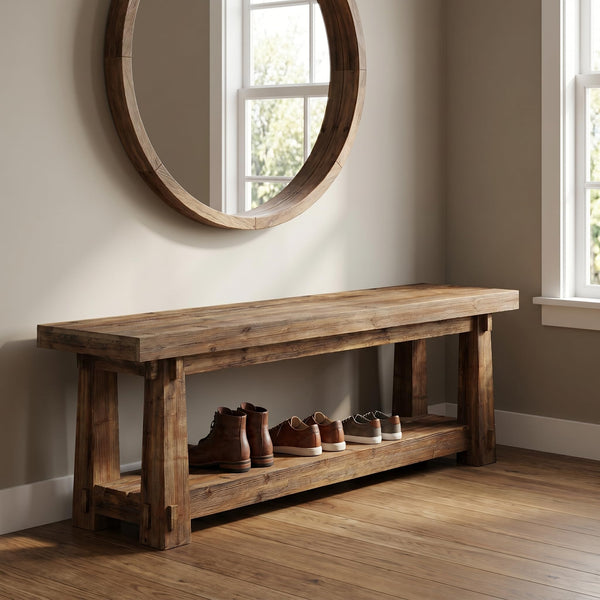 55" Solid Wood Entryway Bench with Shoe Storage