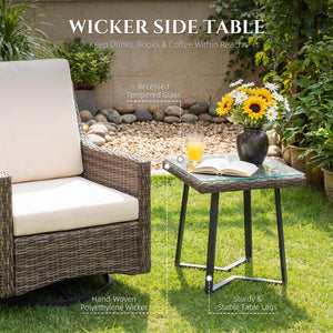 Outdoor Rattan Side Table with Tempered Glass Top