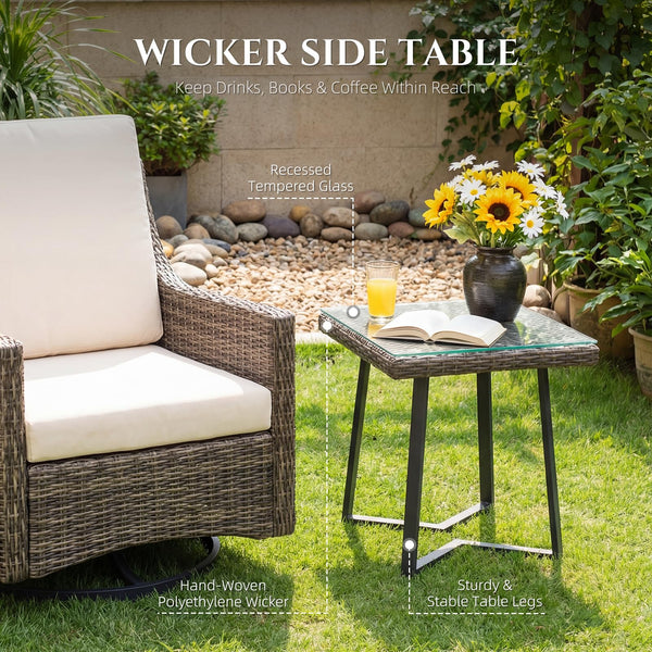 Outdoor Rattan Side Table with Tempered Glass Top