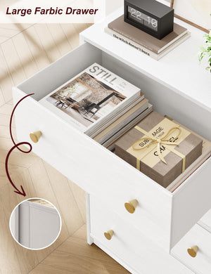 5-Drawer Fabric Dresser with Wood Top – White Storage Tower