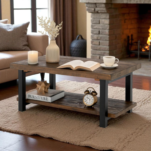 42-Inch Rectangular Solid Wood Coffee Table with Storage Shelf