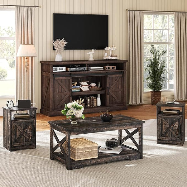Farmhouse 4-Piece Living Room Furniture Set with 66" TV Stand, Coffee Table & 2 End Tables