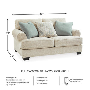 Beige Chenille Loveseat with Accent Pillows & Rolled Arms