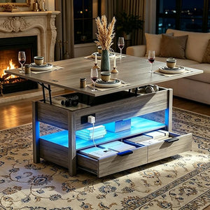 Lift Top Coffee Table with Power Outlets, LED Lights & Storage