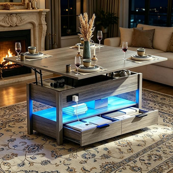 Lift Top Coffee Table with Power Outlets, LED Lights & Storage