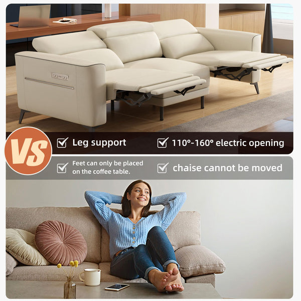 Dual Motor Electric Reclining Sofa with Adjustable Headrest & Footrest – Ivory Leather, USB Charging