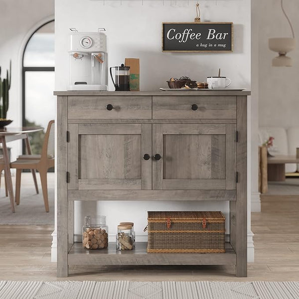 HOSTACK Farmhouse Console Table with 2-Door Cabinet & 2 Drawers, Coffee Bar, Entryway Table with Storage Shelf, Sofa Tables Buffet Sideboard for Kitchen, Hallway, Dining, Living Room, White