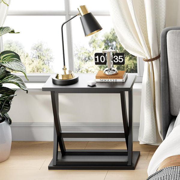 Black End Tables Set of 2 with X-Leg Design & Storage Shelf