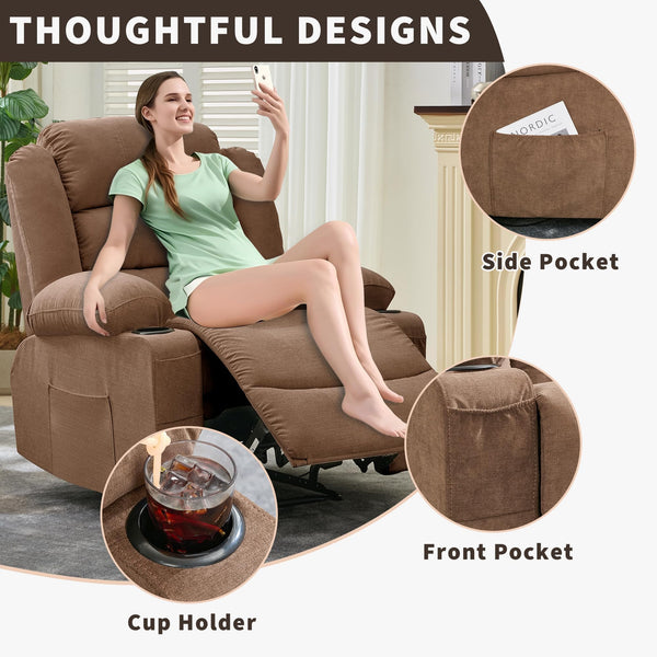 Large Recliner Chair – 3-Position Manual Reclining Chair with Cup Holders
