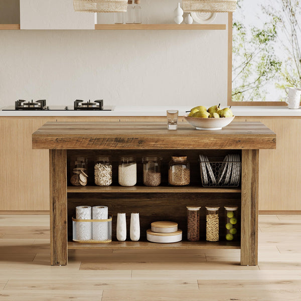 55-Inch Farmhouse Kitchen Island with Storage Shelf