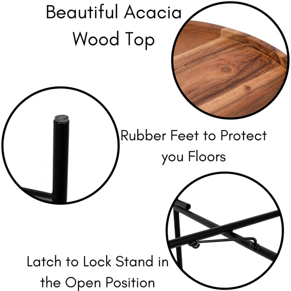 Folding Side Table with Removable Acacia Wood Tray
