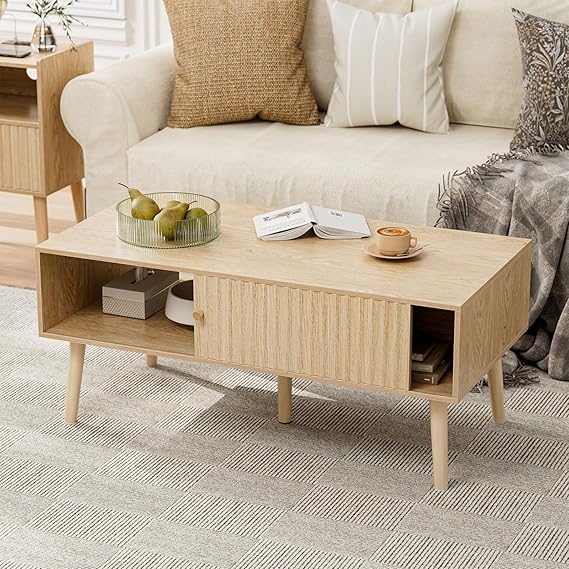 Fluted Door Coffee Table with Storage & Solid Wood Legs