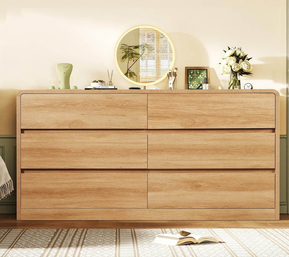 55-Inch 6-Drawer Dresser – Natural Wood Finish