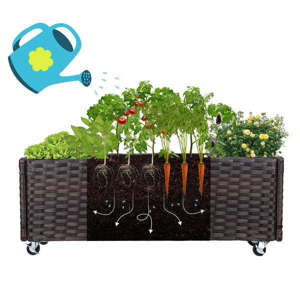 Raised Garden Bed with Wheels — 38" Rattan Wicker, Steel Frame, Drainage Hole