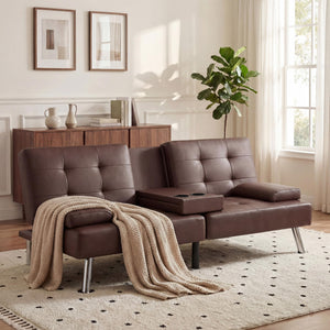 Convertible Futon Sofa Bed with Adjustable Backrest & Armrest