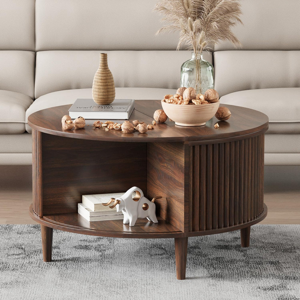 Round Fluted Lift Top Coffee Table with Storage & Sliding Cabinet Door