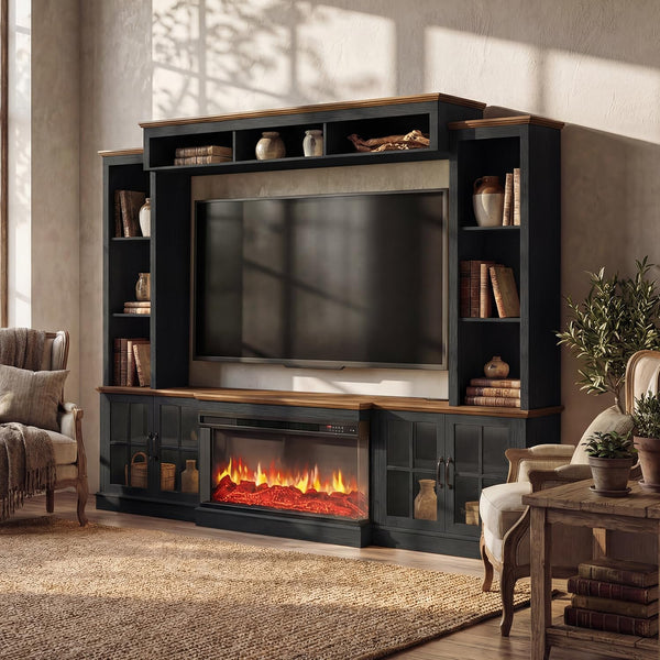 98" Farmhouse Entertainment Center with Fireplace & Barn Doors