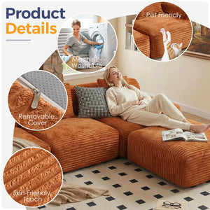 VK·LIVING 113" Cloud Sectional Couch, Deep Seat Boneless Sofa with Wide Armrests, Modular Plush Corduroy Memory Foam Couch for Living Room Office, No Assembly Needed, Orange