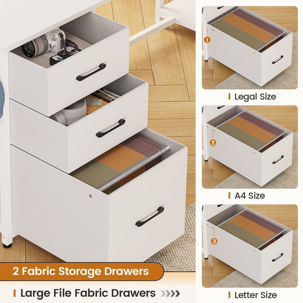 L-Shaped Computer Desk with Bookshelf, Drawers & LED Light