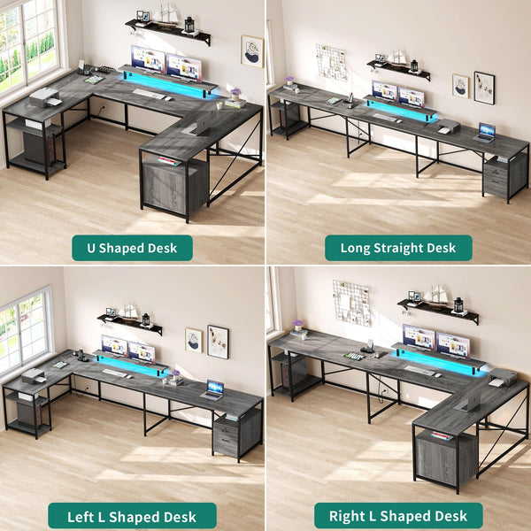 U-Shaped Computer Desk with Power Outlets, LED Lights & Storage