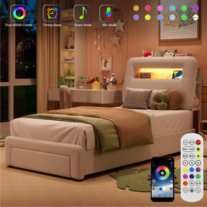 Twin Platform Bed Frame with LED Light, Charging Station, Storage Headboard & Drawer