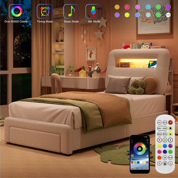 Twin Platform Bed Frame with LED Light, Charging Station, Storage Headboard & Drawer