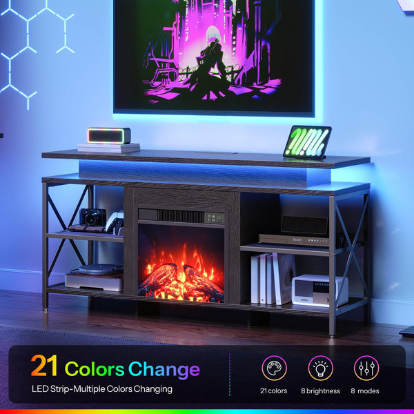 Fireplace TV Stand with LED Lights & Charging Station for TVs up to 65 Inch