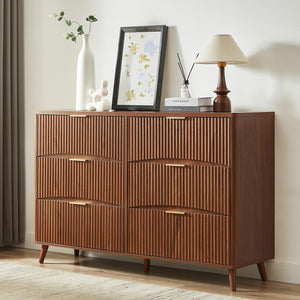 Mid-Century 3-Piece Bedroom Set – Fluted 6-Drawer Dresser & 2 Nightstands (Walnut)