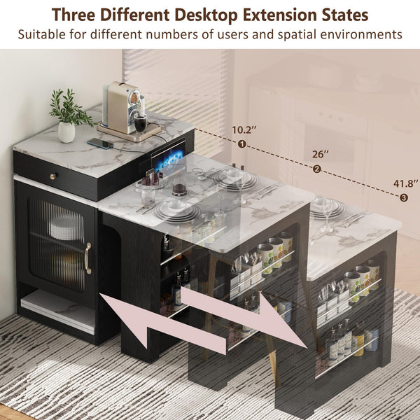 Kitchen Island with Extendable Dining Table, Rolling Storage, Power Outlet & Drawers
