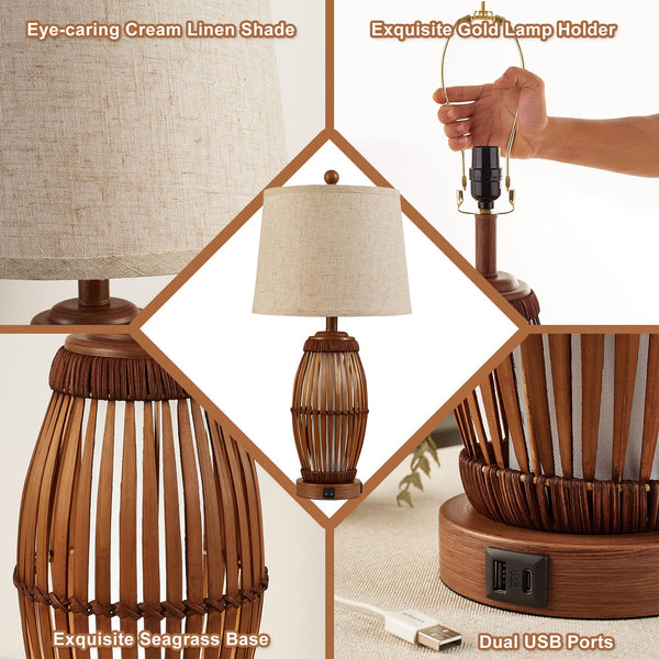 Bamboo Woven Table Lamp Set of 2 with Nightlight & USB Ports
