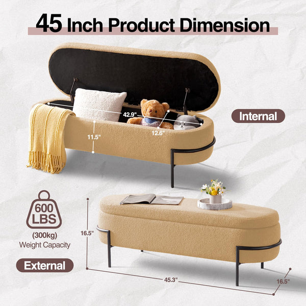 Sherpa Upholstered Storage Ottoman Bench with Metal Legs