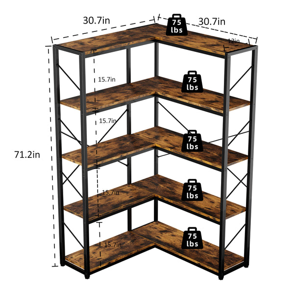 5-Tier L-Shaped Corner Bookshelf with Metal Frame