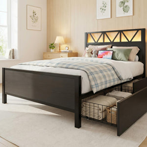 Twin Bed Frame with Storage Drawers, LED Lights & Charging Station