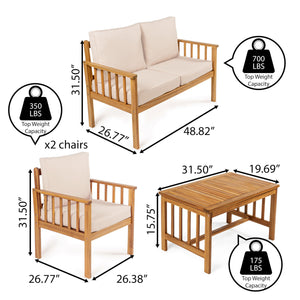 4-Piece Acacia Wood Outdoor Patio Conversation Set with Cushions