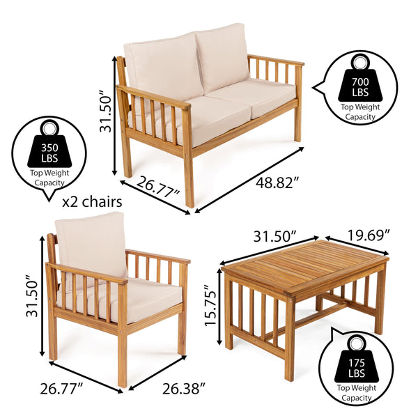 4-Piece Acacia Wood Outdoor Patio Conversation Set with Cushions