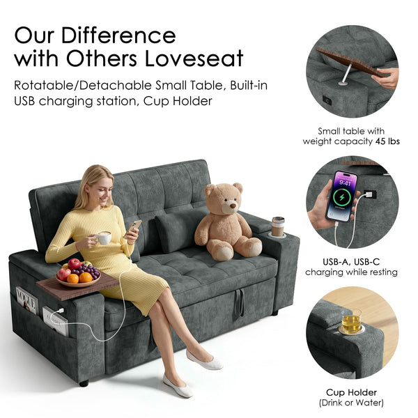 65" Convertible Sleeper Sofa Bed with Storage & USB Charging